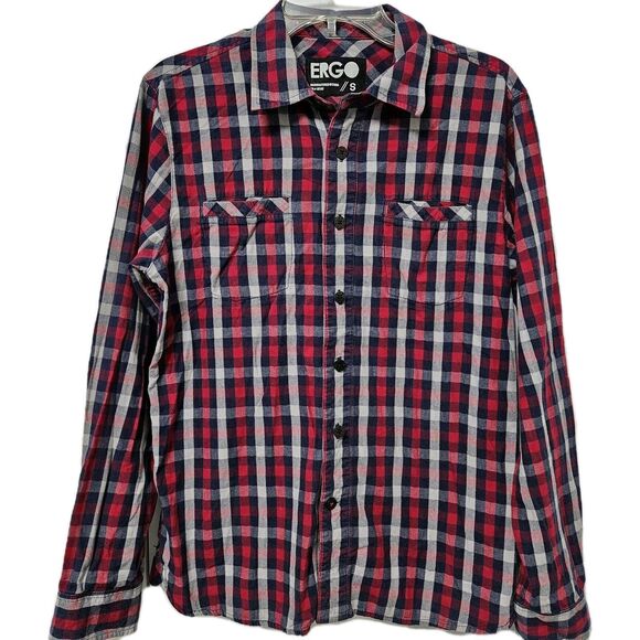 Ergo Flannel Shirt Mens Small Red Blue White Plaid Button Up 100% Cotton Outdoor - Picture 1 of 8